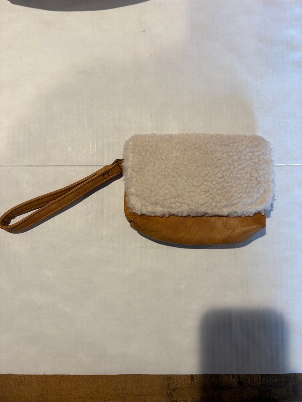 Shearling-Trim Wristlet Pouch in Camel and Cream